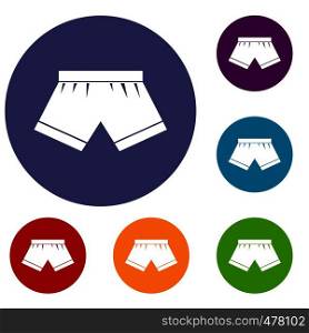 Male underwear icons set in flat circle red, blue and green color for web. Male underwear icons set