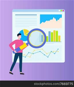 Male using magnifying glass vector, person analyzing information on board, diagram and segments, arrows and visual representation of results statistics. Man with Infographics on Board and Zooming Glass