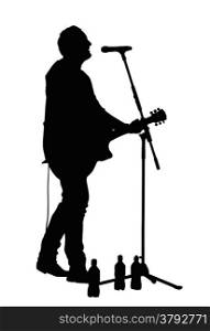 Male Vocalist Singing into Microphone with Guitar Silhouette