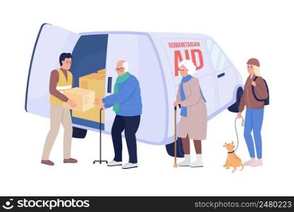 Male volunteer providing humanitarian aid to vulnerable people semi flat color vector characters. Simple cartoon style illustration for web graphic design and animation. Bebas Neue font used. Male volunteer providing humanitarian aid to vulnerable people semi flat color vector characters