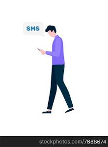 Male walking with phone in hands vector, man using smartphone flat style, character messaging and texting, user of cellular communication, mobile service. Man Reading SMS, Male Looking at Screen of Phone