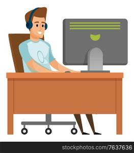 Male wearing headset using computer, man communication with pc, portrait view of smiling person character in casual clothes, sitting at table, hobby vector. Man Communication with Computer, Hobby Vector