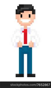 Male wearing tie and suit vector, isolated character of pixel vintage game, 8bit or 16bit resolution, businessman with urban style of clothes. Person Made of Pixels, 8bit Game Character Vector