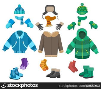 Male winter clothing. Male winter clothing isolated on white background. Cold weather clothes collection for boys vector illustration