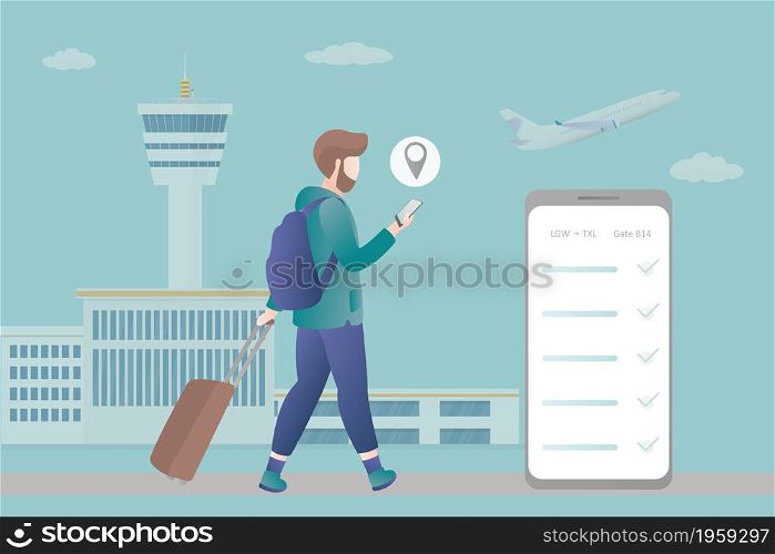 Male with backpack, suitcase and smartphone,airport and airplane on background,big smartphone with boarding pass,online check-in,trendy simple style,outdoor flat vector illustration