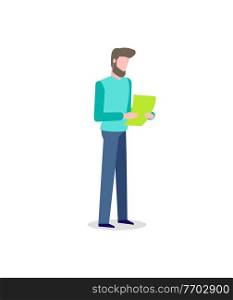 Male with green sheet of paper in hands vector isolated cartoon person. Man reading document, information in annual report, message or post card. Male with Green Sheet of Paper in Hands Vector