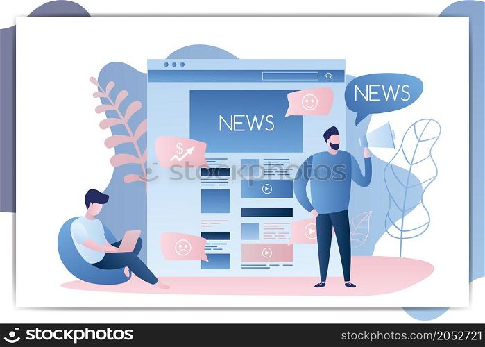 Male with megaphone and speech bubble news,news web page or site landing page,man with laptop,characters in trendy simple style,vector illustration flat design. Male with megaphone and speech bubble news,news web page