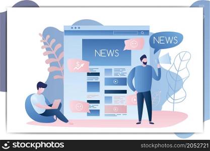 Male with megaphone and speech bubble news,news web page or site landing page,man with laptop,characters in trendy simple style,vector illustration flat design. Male with megaphone and speech bubble news,news web page