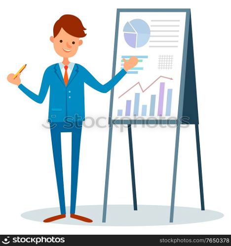 Male with pointer in hands presenting report, isolated cartoon person pointing on statistics data about investments and trades. Vector guy with tripod, business team. Male with Pointer Presenting Report, Isolated Man
