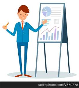 Male with pointer in hands presenting report, isolated cartoon person pointing on statistics data about investments and trades. Vector guy with tripod, business team. Male with Pointer Presenting Report, Isolated Man