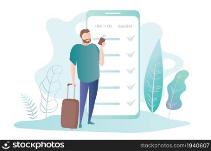Male with suitcase and smartphone,big smartphone with boarding pass,online check-in,trendy simple style,outdoor flat vector illustration