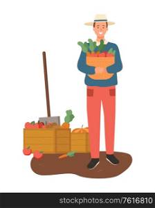 Male with vegetables vector, isolated person carrying woven basket with carrots veggies and foliage, dirt of ground farmer wearing hat and smiling. Farming Male with Basket of Carrots Vegetables