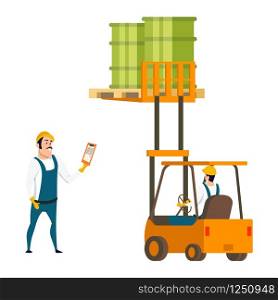 Male Worker Character, Engineer in Forklift Car. Storage Manager Lifting Green Barrel by Loader. Smiling Warehouse Man Standing with Check List in his Hand. Flat Cartoon Vector Illustration. Male Worker Character, Engineer in Forklift Car