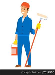 Male working at work vector, building and design of houses, interior creation, person holding paint roller and bucket with paint, isolated character. Man Working as Engineer Painter with Roller Vector