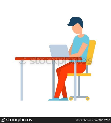 Male working in internet technologies field vector, person with laptop typing info, isolated male in flat style. Modern worker concentrated on job. Freelancer Person Sitting by Computer on Table