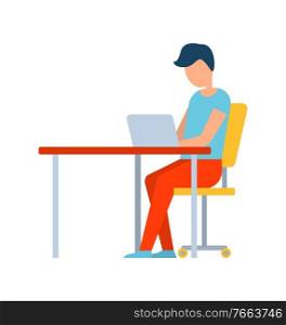 Male working in internet technologies field vector, person with laptop typing info, isolated male in flat style. Modern worker concentrated on job. Freelancer Person Sitting by Computer on Table