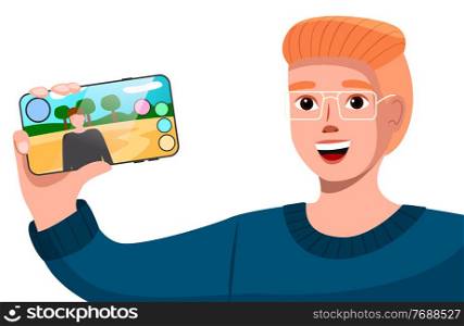 Male young character tell about new mobile game, shows the smartphone with depicting a human game personage outdoor with buttons. Smiling gamer like the new phone application flat vector design. Male character tell about mobile game, shows the smartphone with depicting a human game personage
