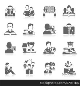 Males and females reading books icon black set isolated vector illustration