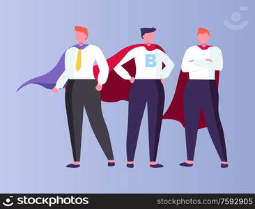 Males working in business field vector, isolated people wearing suits with tie have letter on shirt, cloaks and gowns of person. Businessman team. Superhero Businessmen Wearing Cloaks Isolated