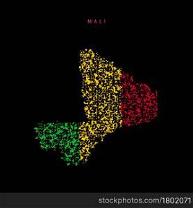 Mali flag map, chaotic particles pattern in the colors of the Malian flag. Vector illustration isolated on black background.. Mali flag map, chaotic particles pattern in the Malian flag colors. Vector illustration