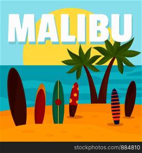 Malibu surf board beach background. Flat illustration of malibu surf board beach vector background for web design. Malibu surf board beach background, flat style