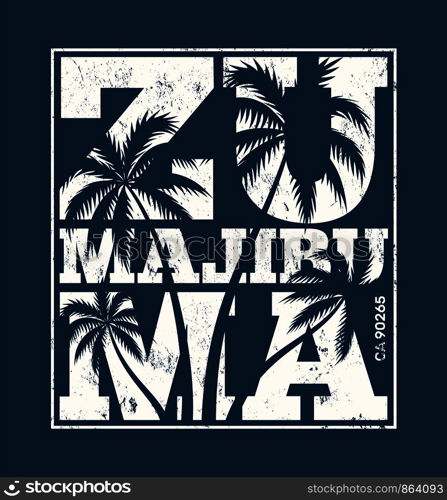 Malibu tee print with palm trees. T-shirt design, graphics, stamp, label, typography.. Malibu tee print with palm trees. T-shirt design, graphics, stam