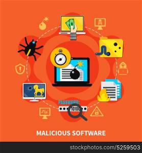 Malicious Software Design Concept. Malicious software flat design concept with hacking computer screen in centre and firewall virus bug trojan horse signs around cartoon vector illustration
