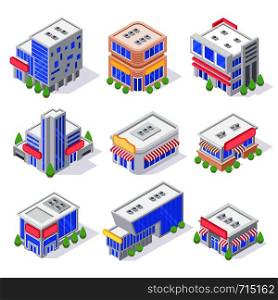 Mall store isometric buildings. Shop exterior, super market building and modern city stores architecture. Luxury warehouse, shopping mall or supermarket building isolated 3d vector icons set. Mall store isometric buildings. Shop exterior, super market building and modern city stores architecture isolated 3d vector set