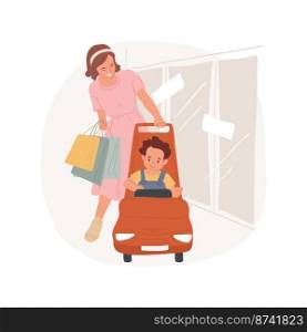 Mall stroller isolated cartoon vector illustration. Retail kiddie stroller, plastic car with tablet for rent, shopping mall entertainment for kids, happy toddler with mom vector cartoon.. Mall stroller isolated cartoon vector illustration.