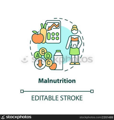 Malnutrition concept icon. Undernutrition. Food security basic definitions abstract idea thin line illustration. Isolated outline drawing. Editable stroke. Arial, Myriad Pro-Bold fonts used. Malnutrition concept icon