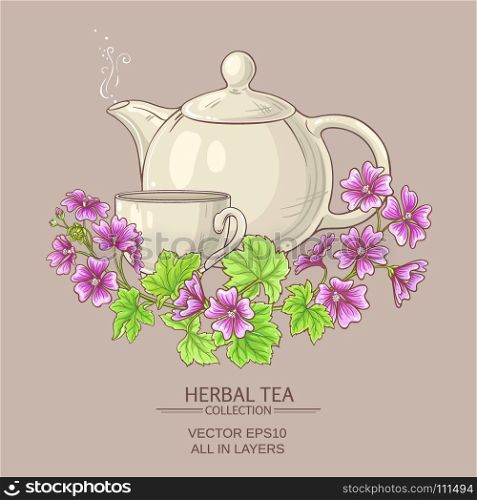 malva tea illustration. Cup of malva tea with teapot on color background