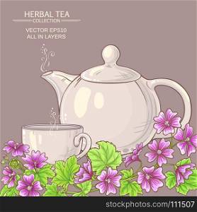 malva tea illustration. Cup of malva tea with teapot on color background