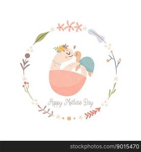 Mama Turtle with baby. Happy Mothers day greeting card concept.