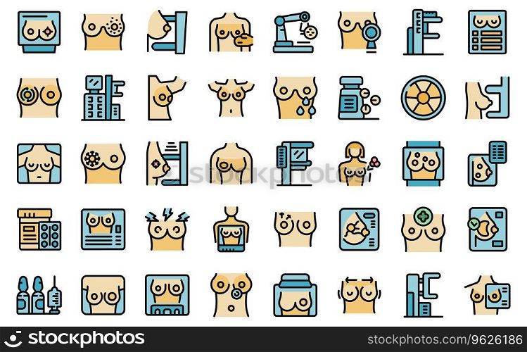 Mammogram icons set outline vector. Woman cancer. Room lab thin line color flat on white isolated. Mammogram icons set vector line color