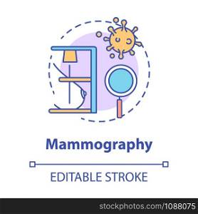 Mammography concept icon. Breast examining idea thin line illustration. Women healthcare. Medical checkup, diagnosis. Mastography, cancer. Vector isolated outline drawing. Editable stroke