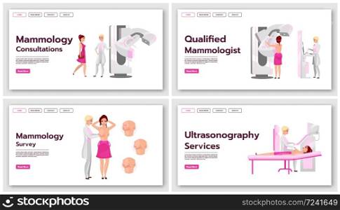 Mammography landing page vector templates set. Screening tests for breast cancer website interface idea with flat illustrations. Medical ultrasonography homepage layout. Web banner, webpage concept