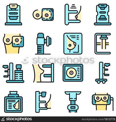 Mammography machine icons set. Outline set of mammography machine vector icons thin line color flat isolated on white. Mammography machine icons set line color vector