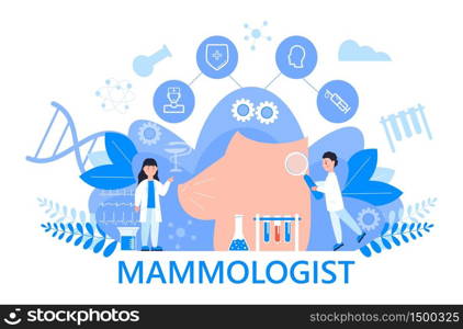 Mammologist concept vector for medical web, app, blog. Tiny doctors of mammology treat breast cancer. National breast cancer awareness month illustration.. Mammologist concept vector for medical web, app, blog. Tiny doctors of mammology treat breast cancer. National breast cancer awareness month