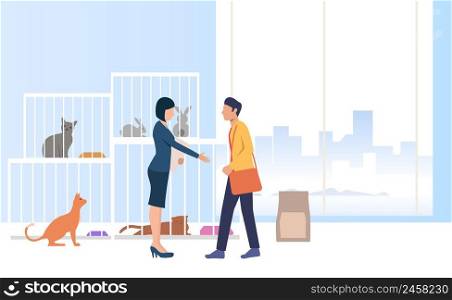 Man adopting pet, volunteer offering hand for handshake. Homeless pets, veterinary clinic concept. Vector illustration can be used for topics like animal shelter, adoption, charity