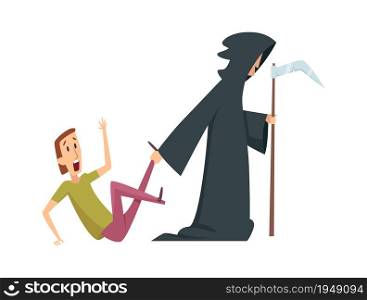 Man afraid. Death and male character, panic attack or mental disorder. Halloween joke, isolated panic person vector illustration. Fear male, afraid death, man scared and panic. Man afraid. Death and male character, panic attack or mental disorder. Halloween joke, isolated panic person vector illustration