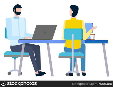 Man agents or consultants at workplace, executive workers. Brokers collaboration, worker sitting at desk on chair and working at computers isolated people. Man Agent Consultants at Workplace, Broker Workers