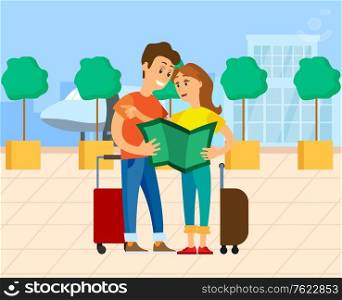 Man ana d woman travelers arrival, female holding man, guide outdoor. Smiling tourists standing with baggage outdoor, airplane and airport vector. Travelers with Baggage and Map, Airport Vector