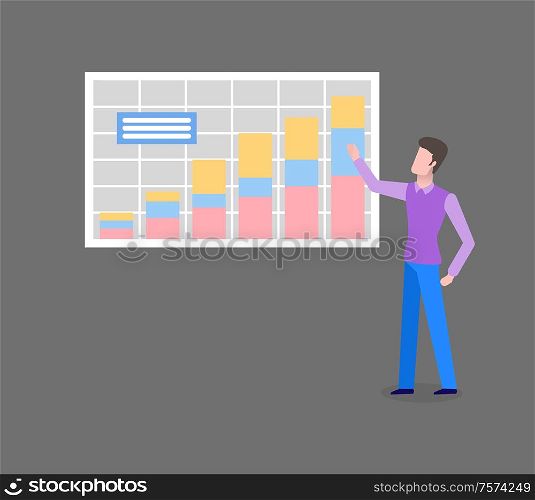 Man analyzing chart with diagrams isolated on grey. Screen with financial investments, manager worker reports about data changes in economics and banking. Man Analyzing Chart with Diagrams Isolated Vector