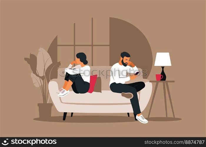 Man and a woman in a quarrel. Conflicts between husband and wife. Two characters sitting back to back, disagreement, relationship troubles. Concept of divorce, misunderstanding in family. Vector.