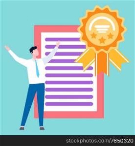 Man and award certificate or diploma, cartoon business person isolated. Vector employee worker got reward for achievements at work, graduation document. Man and Award Certificate Diploma Business Degree