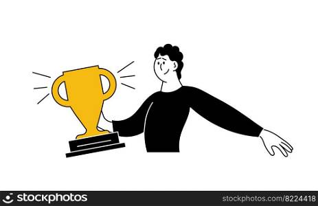 Man and business trophy vector illustration concept. Success business winner and leader award. Businessman leadership victory and achievement. Cartoon happy character with cup. Professional employee
