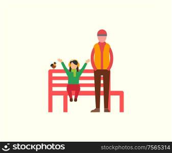 Man and child spending time together in fall park vector. Relaxation of family, father and daughter with bird sitting on wooden bench. Happy people. Man and Child Spending Time Together in Fall Park