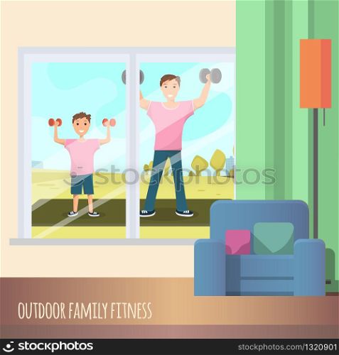 Man and Child Standing Training Sport Outdoor. Happy Smiling Father and Son Do Sport in Fresh Air in Front House. View from Window Family Involved in Sport. Home Interior. Healthy Lifestyle