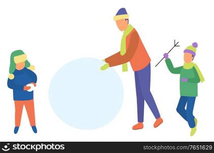 Man and childrens making snowman outdoor. Girl and boy standing near snowball, little child holding stick. Family leisure on winter holiday in park. People wearing casual clothes and scarf vector. Children Making Snowman in Winter Park Vector