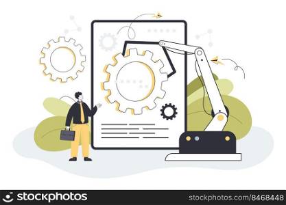 Man and digital era algorithm of AI. Social system of 21st century and workforce challenge flat vector illustration. Smart business process, human resources automation, artificial intelligence concept